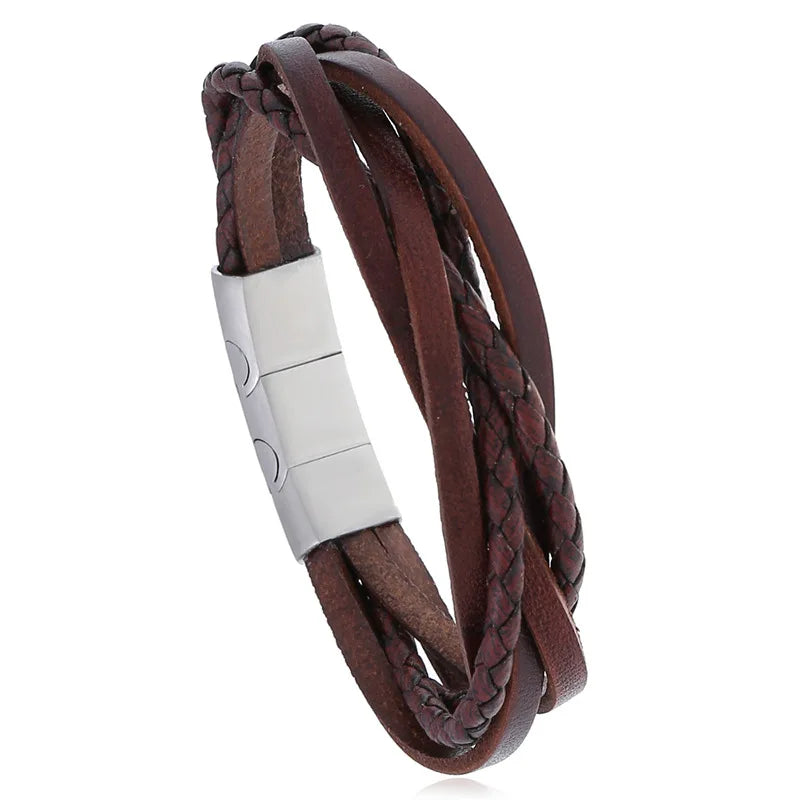 Vintage Luxury Stainless Steel Handmade Braided Genuine Leather Multilayer Bracelets Magnetic Clasp Bangle Men Bracelet