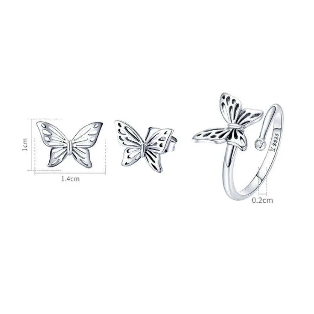 Adjustable butterfly 925 Sterling Silver Ring and butterfly Stud Earring Jewelry Set