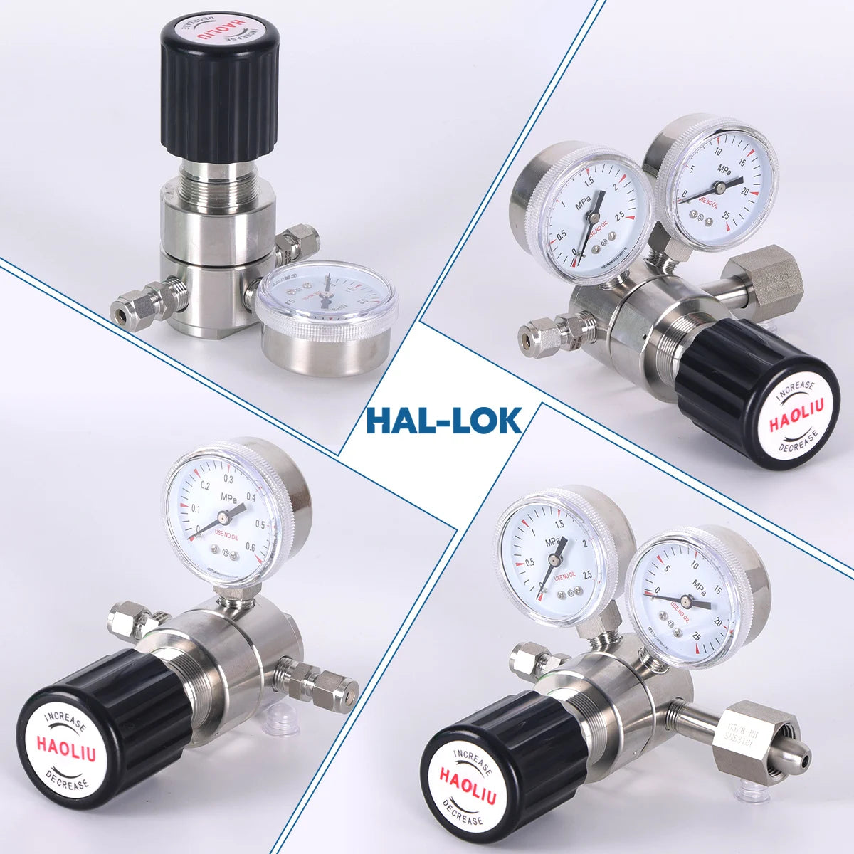 HAL-LOK Stainless Steel Pneumatic Gas Regulator Low High Pressure Oxygen Air Helium Gauge Pressure Reducing Valve Model HL8SL