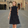 Retro Celebrity Style  2025 Summer Stand-Up Collar Tie Bow Design Sleeveless Three-Dimensional Flower Dress