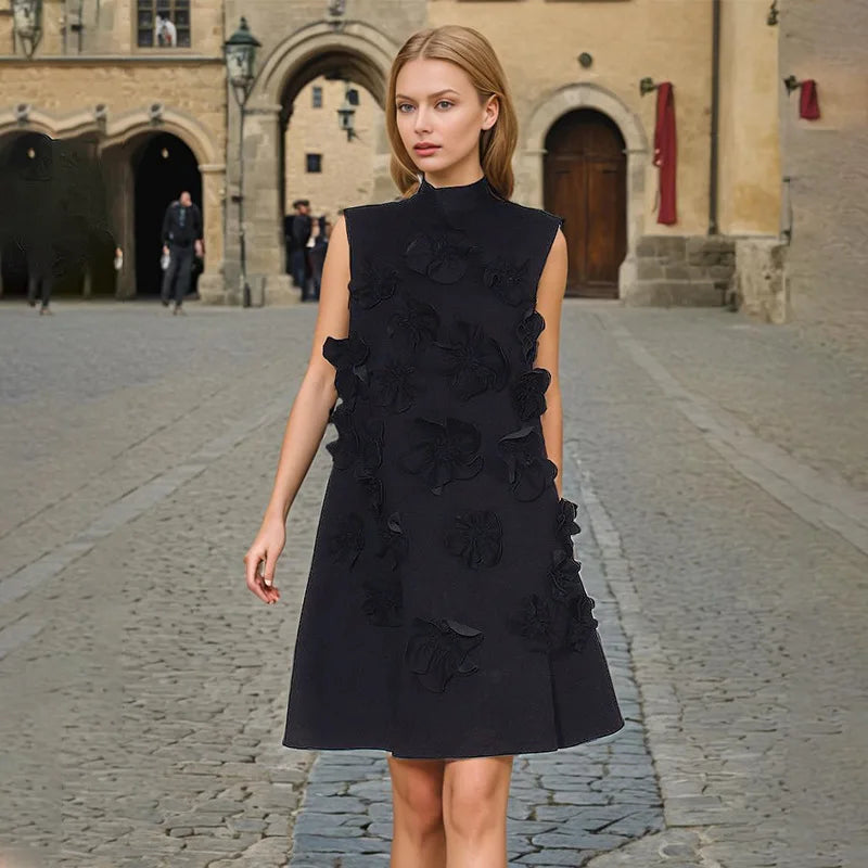 Retro Celebrity Style  2025 Summer Stand-Up Collar Tie Bow Design Sleeveless Three-Dimensional Flower Dress