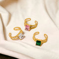 Waterproof Stainless Steel Women's Colorful Pink Crystal Hollow Adjustable Rings Double Layer CZ Zircon Open Engagement Rings