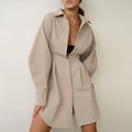 Enyami Fast Dispatch Spring Fall Bodycon Turn Down Collar Women Khaki Long Sleeve Pleated Office Ladies Casual Shirt Dress