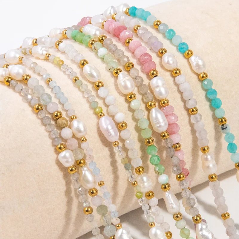JUSNOVA Women's Gold Plated Stainless Steel Chains Handwoven Adjustable Beaded Bracelet with Natural Gemstone Stone Bracelet