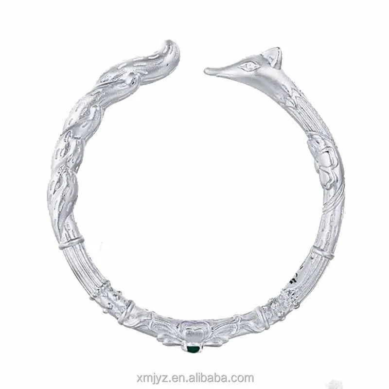 Certified Vintage Fashion Bracelet Shili Peach Blossom Fox Ladies Inlaid Emerald Jade Silver Bracelet Couple Silver Bracelet