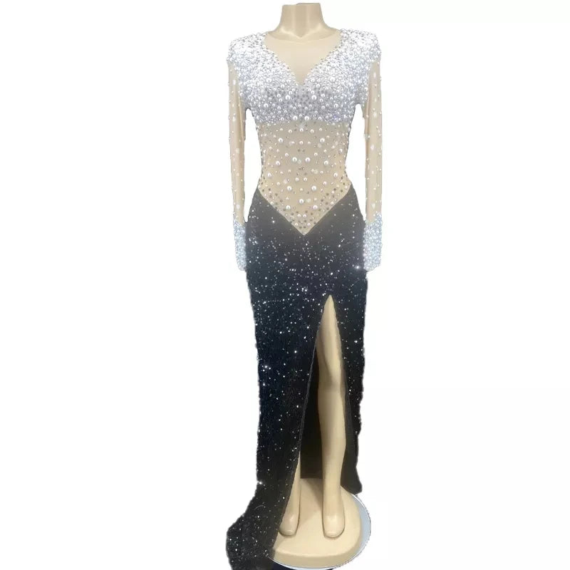 Dress 2022 Women Pearls Formal White Black Party Show  Sparkly Diamond Mesh Top Dress Elegant  Birthday Dress