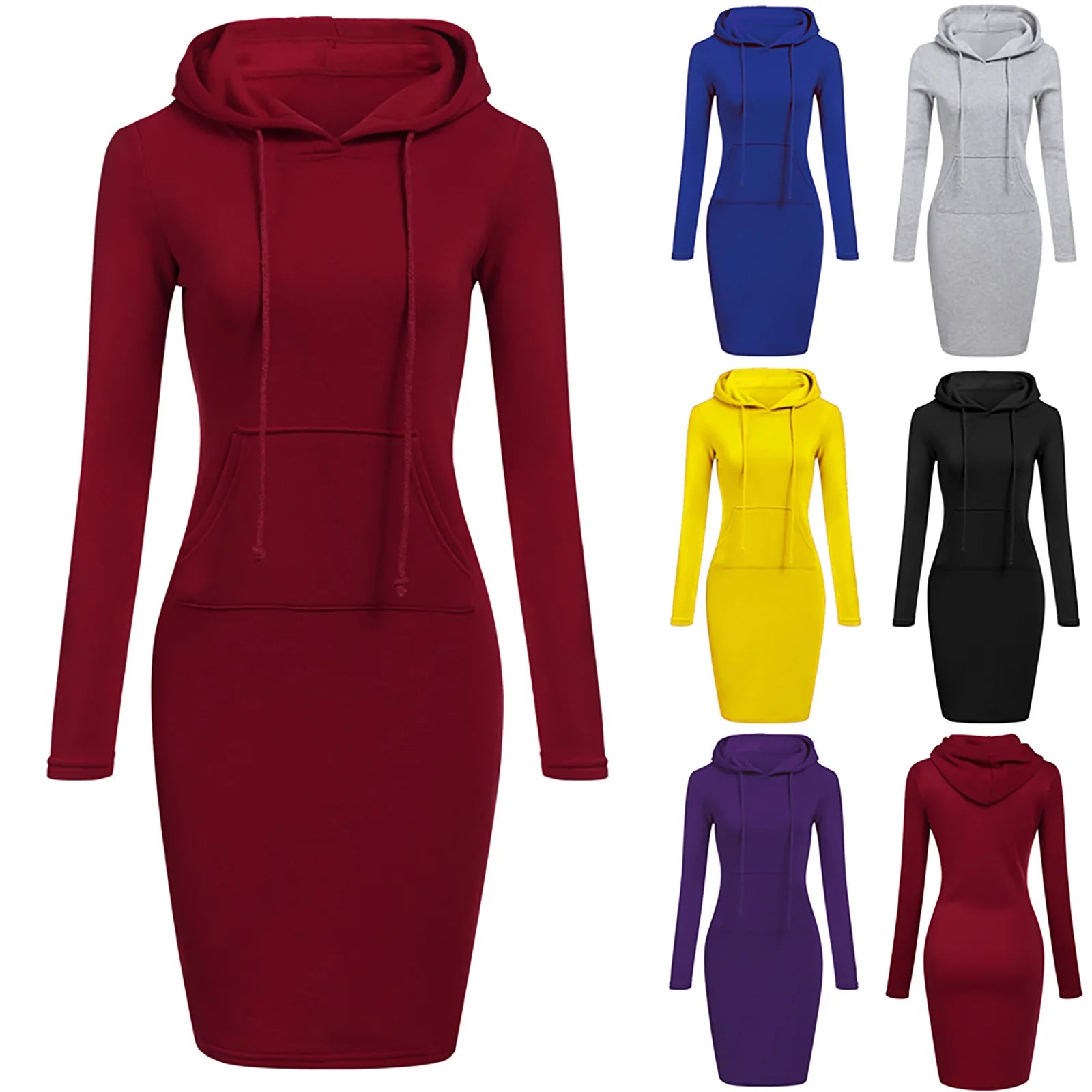 2025 Fashion Plain Pockets Pullover Casual Oversized Long Sleeve Women'S Hoodies Dress Hoody Dress