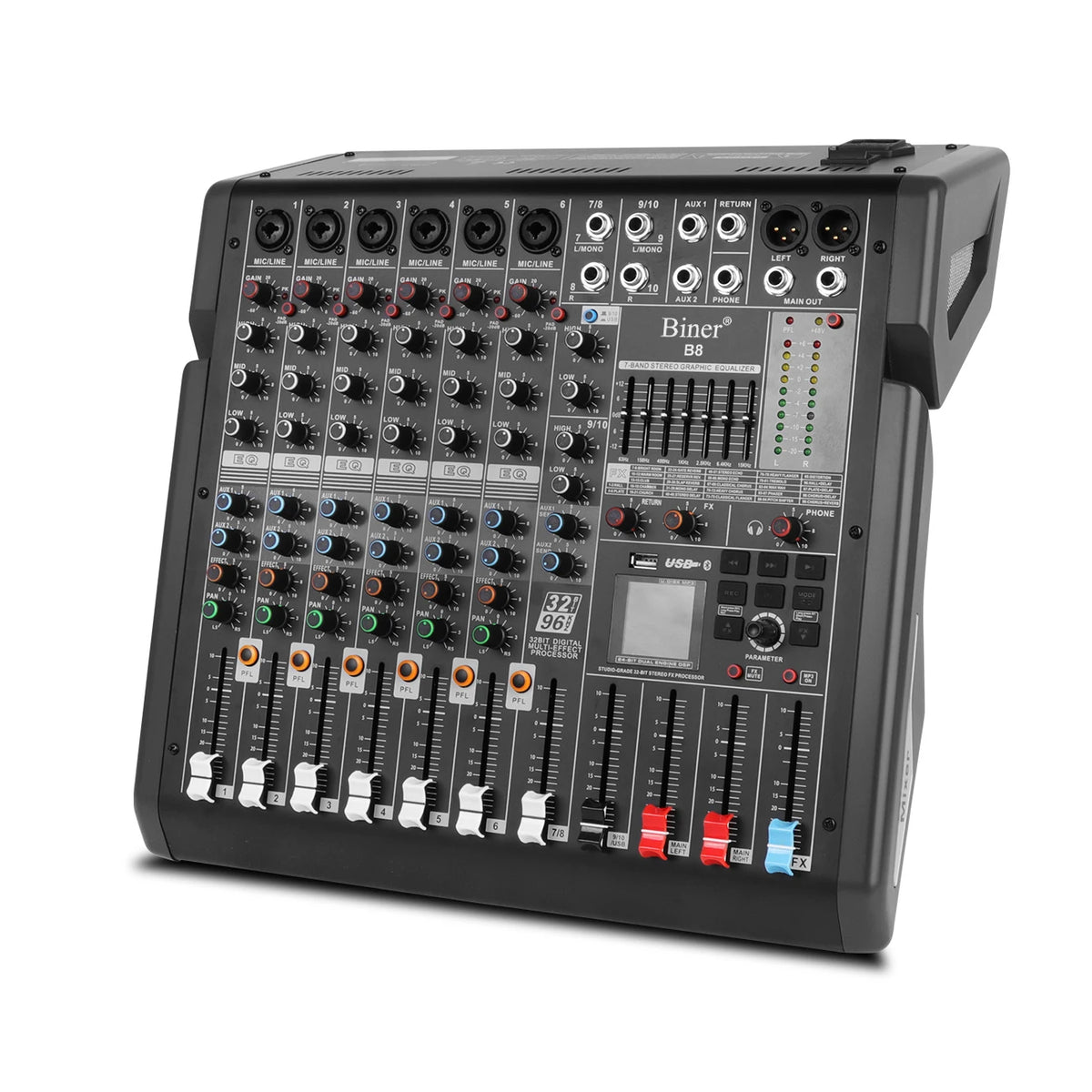 Biner B8 Professional Audio Mixer Built in 99 Reverb Effect 10 Channel DJ Digital USB Console Audio Interface Usb MegaBDM