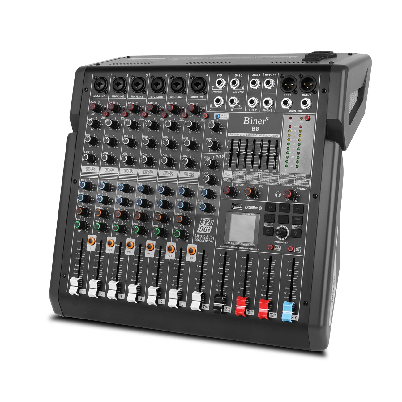 Biner B8 Professional  Audio Mixer Built in 99 Reverb Effect 10 Channel DJ Digital USB Console Audio Interface Usb