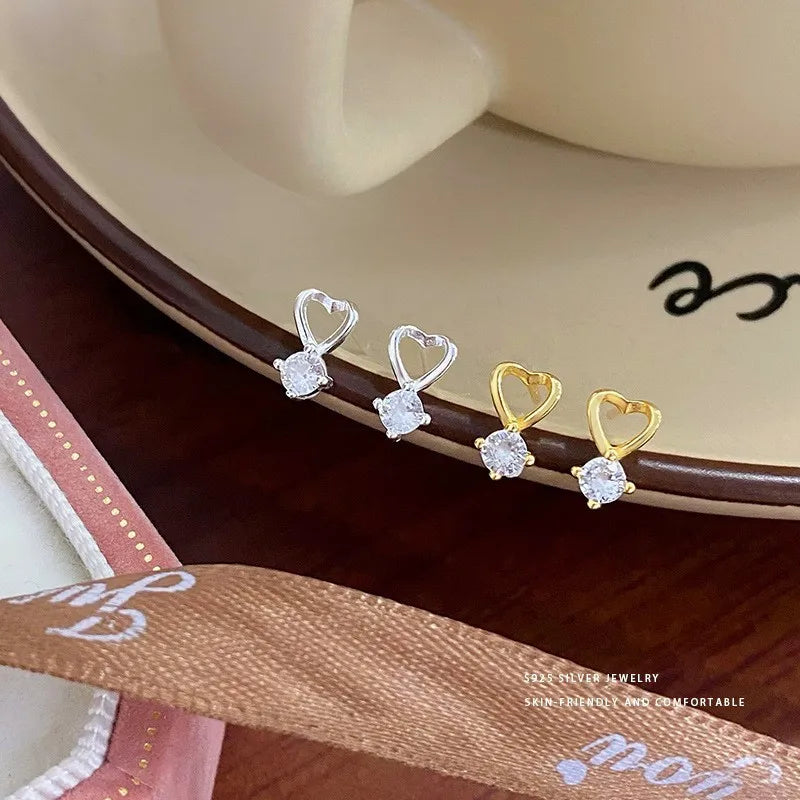 NEW Fashion High Quality Jewelry 925 Sterling Silver Simplicity Heart Diamond Zircon Gold Plated Stud Earring Jewelry for Women