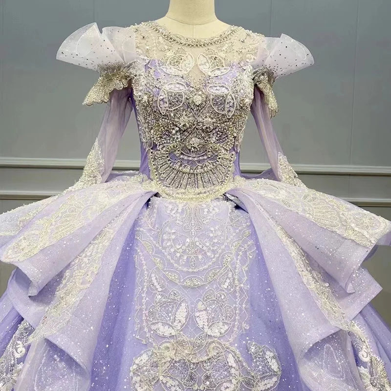 New Design Factory Direct Sales Long Sleeve Quinceanera Dress Purple Lace Color Wedding Dress Wn036