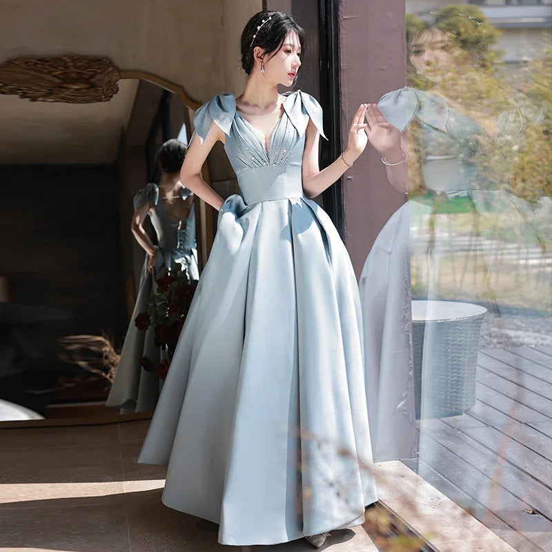 Blue Satin A-Line French Backless Banquet Temperament Pearl Formal Birthday Party Gown Wedding Evening Dresses