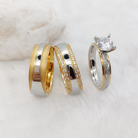 Luxury 3pcs Wedding Engagement Bridal Rings Set 18k Gold Plated Stainless Steel Cubic Zirconia Diamond Gift for Couples
