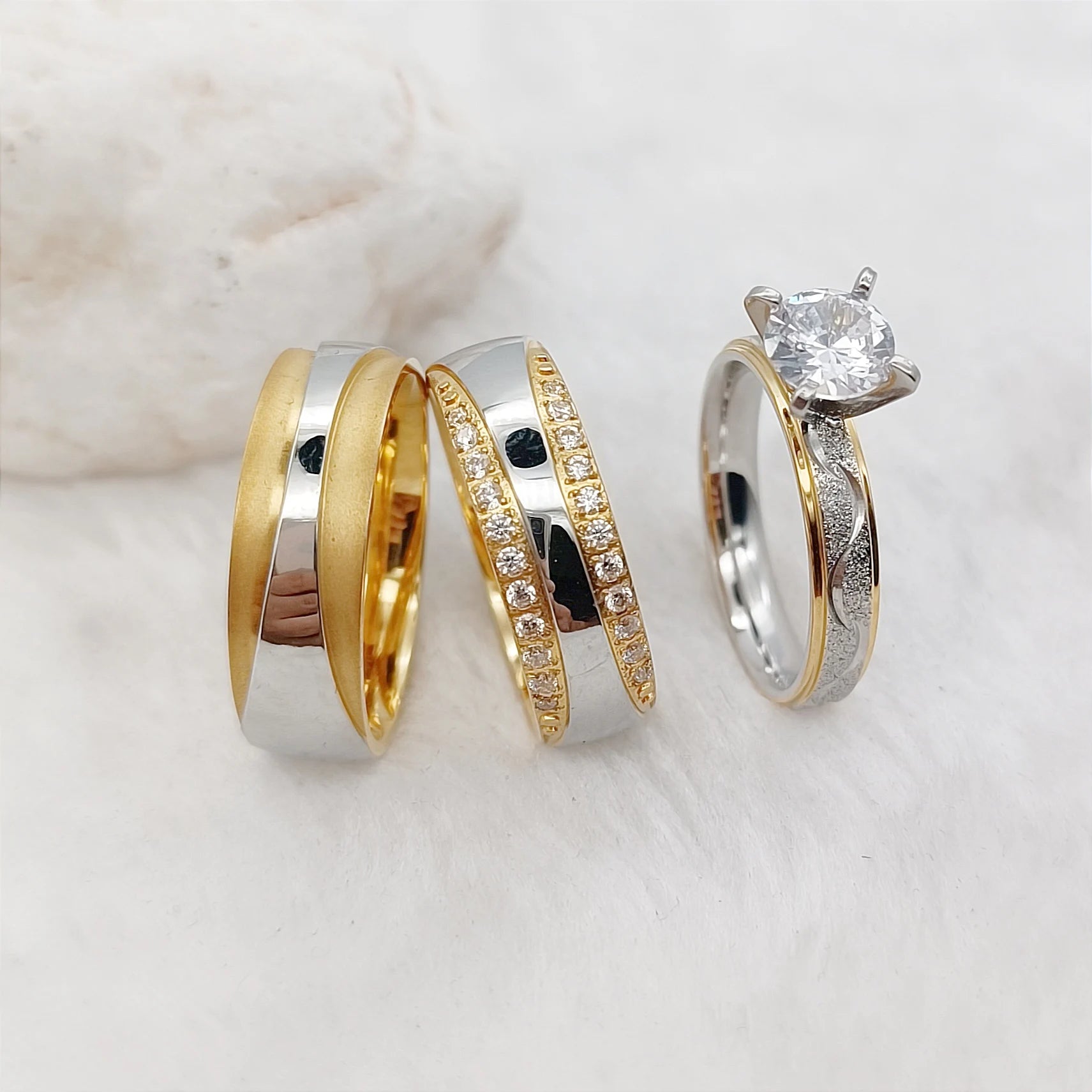 Luxury 3pcs Wedding Engagement Bridal Rings Set 18k Gold Plated Stainless Steel Cubic Zirconia Diamond Gift for Couples