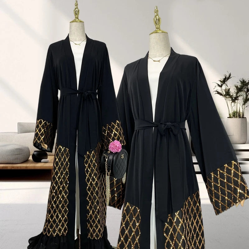 Luxury Golden Sequin Mesh Open Abaya Long Sleeve High Quality Nida Sequins Muslim Abayas Dress 2 Colors 1863#