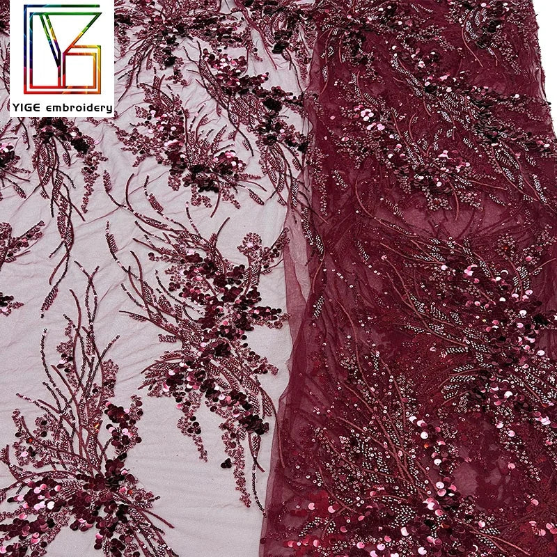 Luxury Red Dress Beaded Fabric French Lace With Sequins&Beads Bridal Tulle Embroidery Lace Fabric for Women Wedding Dress