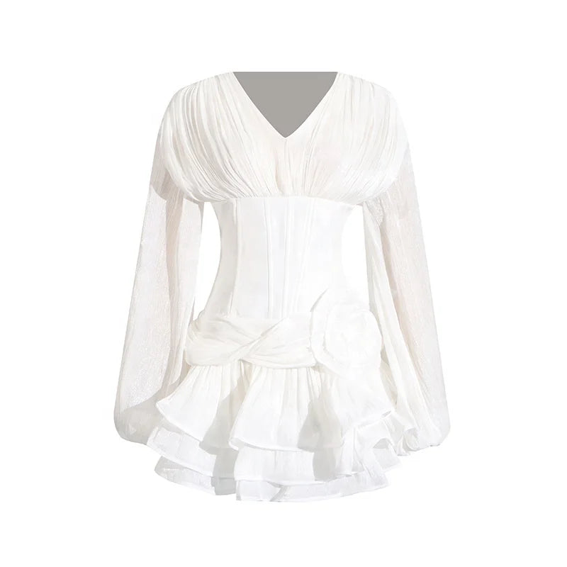 OUDINA Temperament Romantic V-Neck Puff Sleeve Ruffled Three-Dimensional Flower Short Dresses Pleated Solid Elegant Ladies Dress