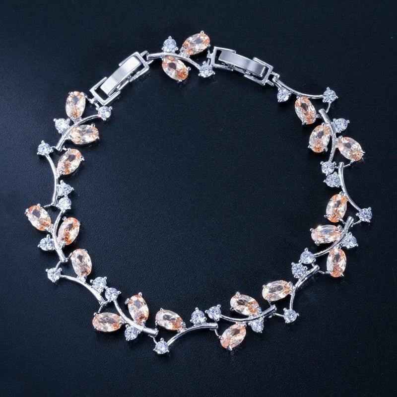 6 Colors Options Leaf Shape Silver Plated Champagne Oval Cubic Zirconia Stones Crystal Bracelets Bangle for Women Gifts