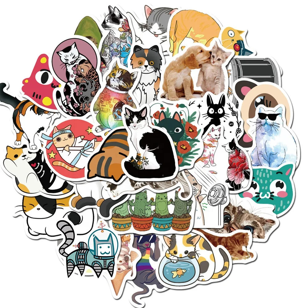 50Pcs Cute Cat Kitty Animal Pet Sticker for Laptop Luggage Bike Car Wall Waterproof Vinyl Girl Vsco Cat Stickers Printing