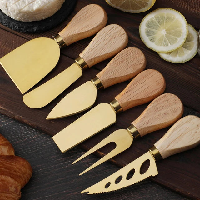 420 Stainless Steel Cheese Pizza Knife Golden Kitchen Utensil with Rubber Wood Handle for Home Use Fork and Cutter Tool