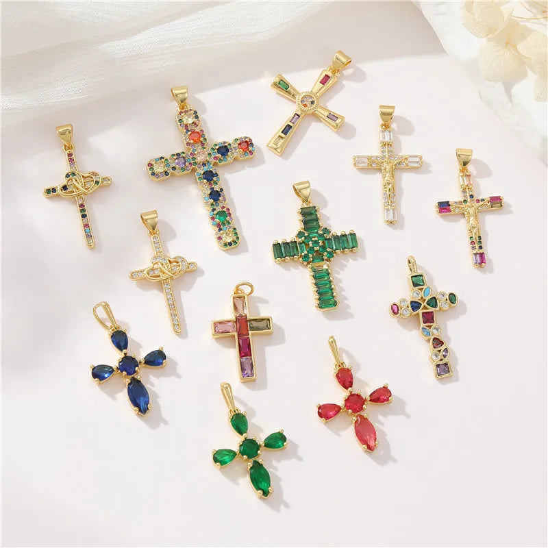 Jiexing Zircon Cross Pendant Brass 14k Real Gold Plated Necklace Bracelet Pendant Cross Nail Charm for Making Jewelry