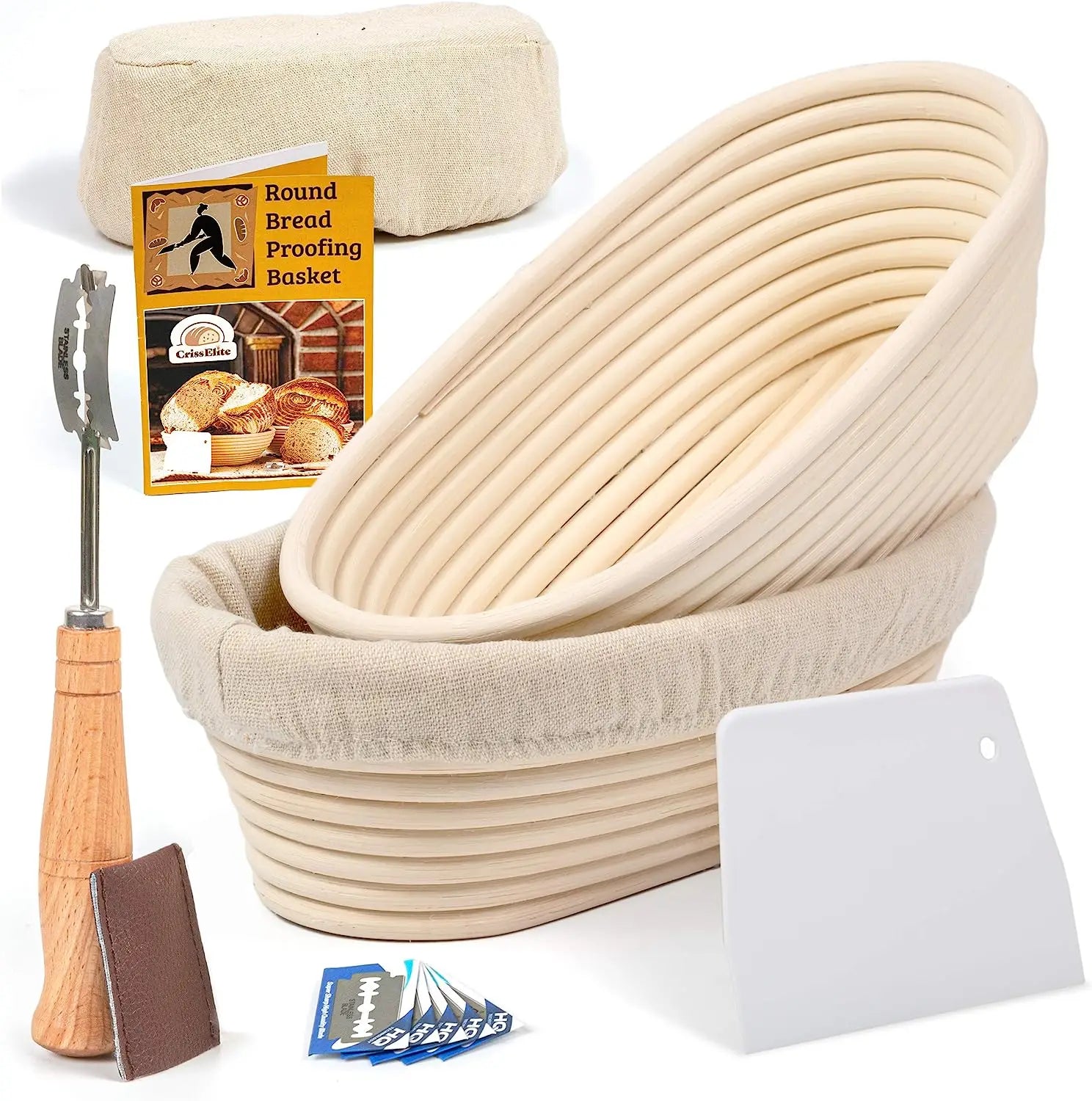 Huangtu 10 Inch Oval Bread Proofing Basket With Liner Cloth Banneton Manufacture Bread Baking Bowl Set of 2 With Accessories