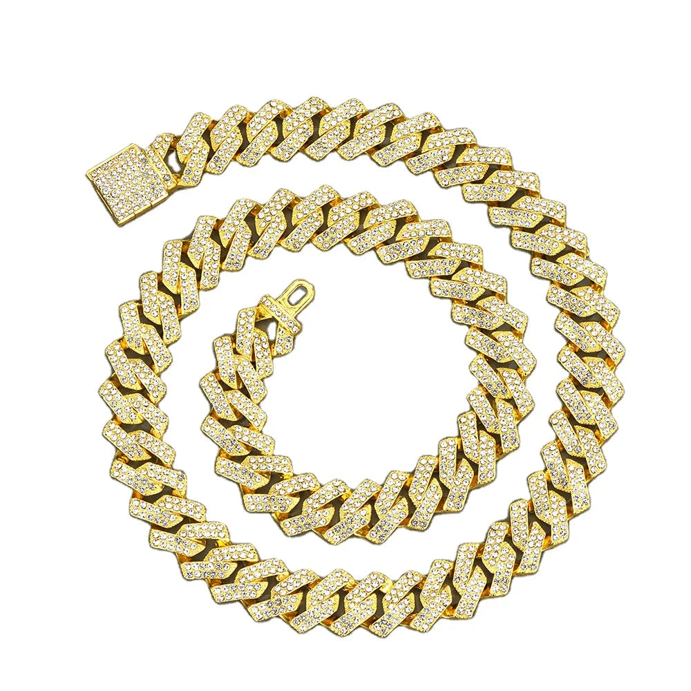 14 MM Prong Cuban Link Chain Necklace for Men Hip Hop Iced Out Bling Luxury Full Rhinestone Paved Necklace Rapper Female Jewelry