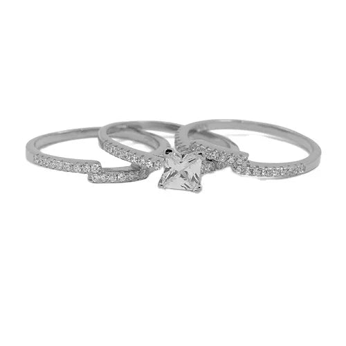 3 Pcs Stackable Simple Fashion S925 Silver Birthday Party CZ Cubic Zirconia Princess Cut Wedding Ring Set for Girls