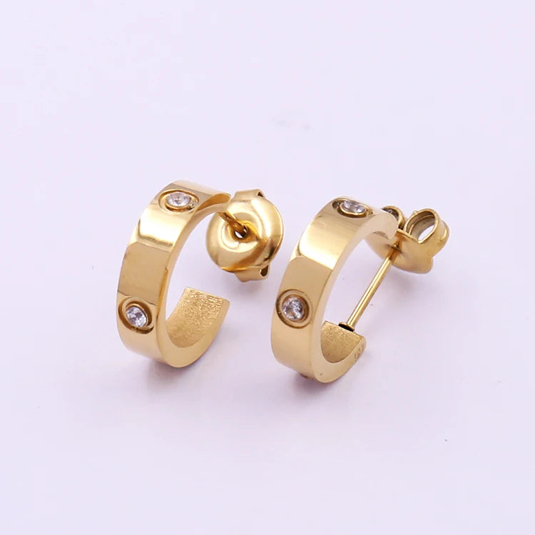 Luxury Crystal Stud Earrings for Women Stainless Steel Jewelry Plated Gold Color C Shaped Earrings Jewelry Wedding Party Gifts
