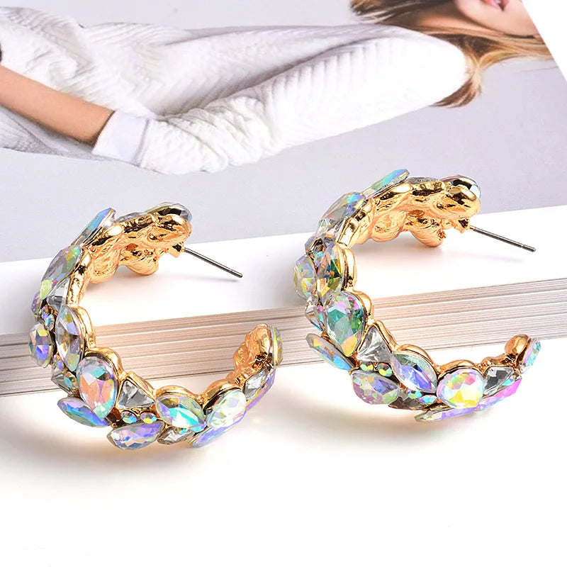Wholesale Metal Alloy clear Colorful Rhinestone c Shape Gold Hoop Earring
