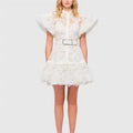 2023 Spring Collection White Princess Dress Water Soluble Lace Sweet Cute Puff Sleeve Belt Waist Solid Short Sleeves Dress