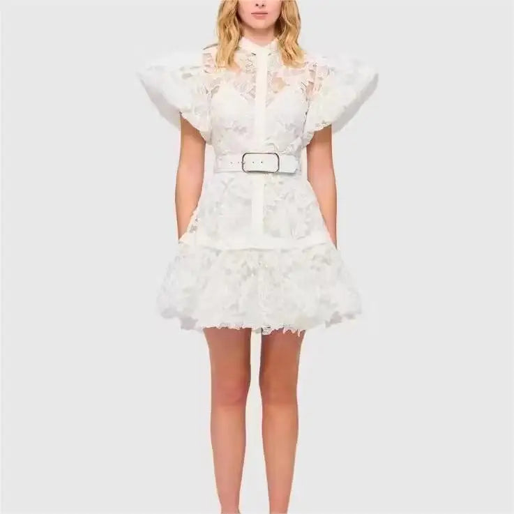 2023 Spring Collection White Princess Dress Water Soluble Lace Sweet Cute Puff Sleeve Belt Waist Solid Short Sleeves Dress