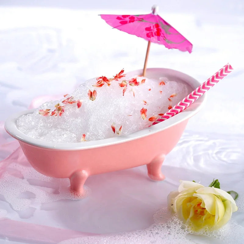 Pink Color Edge Mini Cute Ceramic Dessert Bowl with Ice Silicone Mould for Making Tasty Ice Bear DIY Coffee Milk Tea Cola