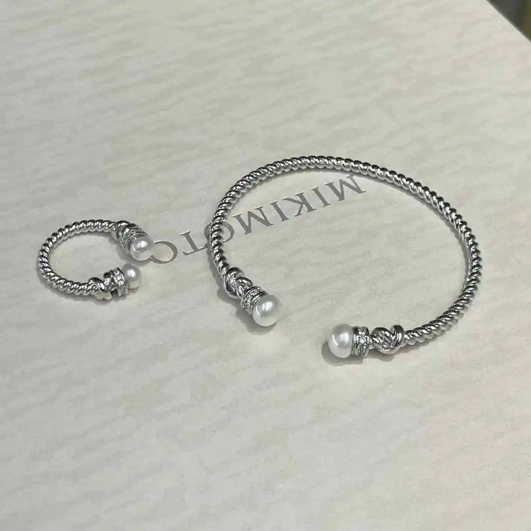 Classic Advanced Style Double Pearl Fried Dough Twists Suit C Natural Freshwater Pearl Bracelet Ring Set Engagement Anniversary