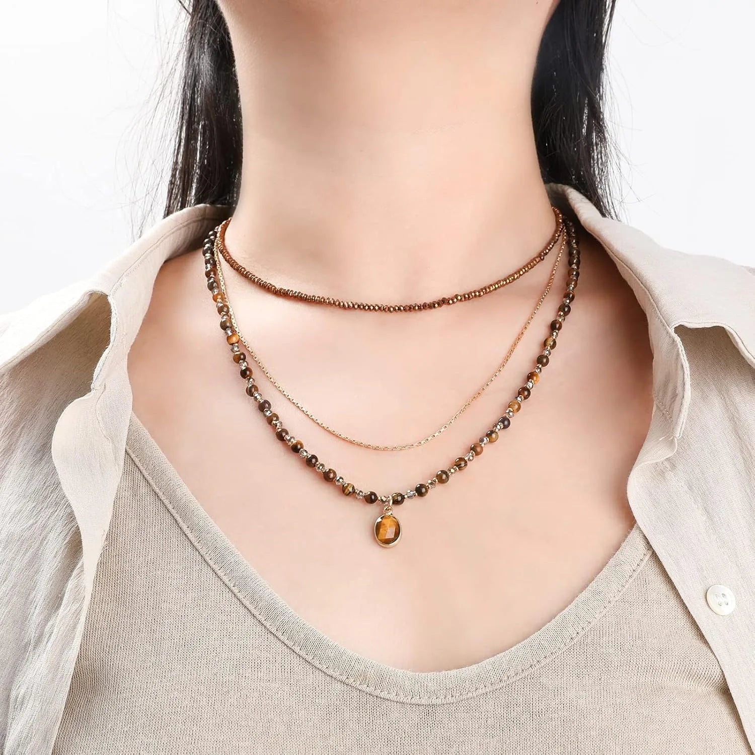 Trendy Tiger Eye Stone  Faceted Hematite Beaded Necklace Handmade Gold Luxury Charm Jewelry Women Girls Party Anniversary Gift