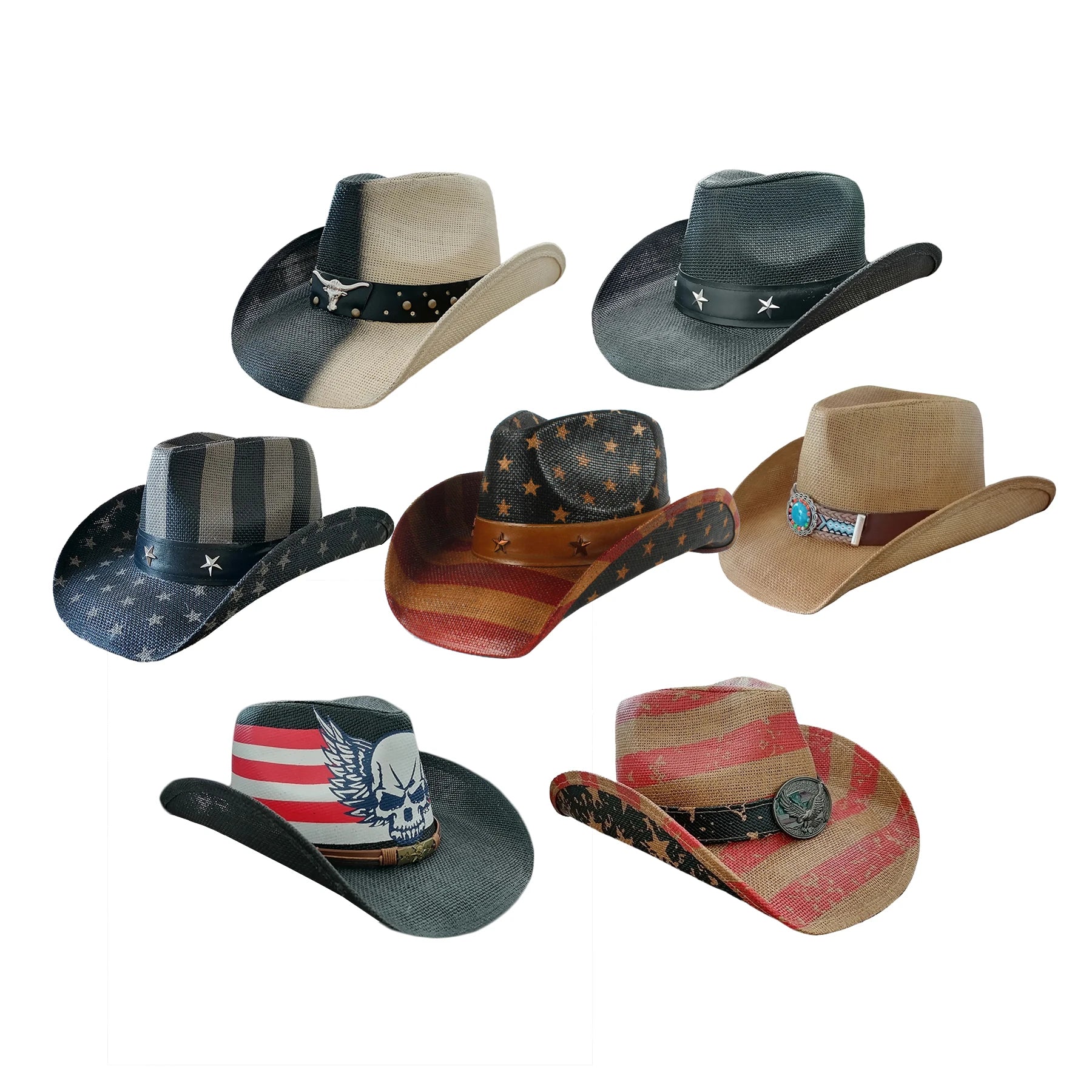 Men's Paper Straw Texas Cowboy Hat USA American Flag Painting Straw Hat Shapable Brim Sombreros US Flag Straw Cowboy Hat