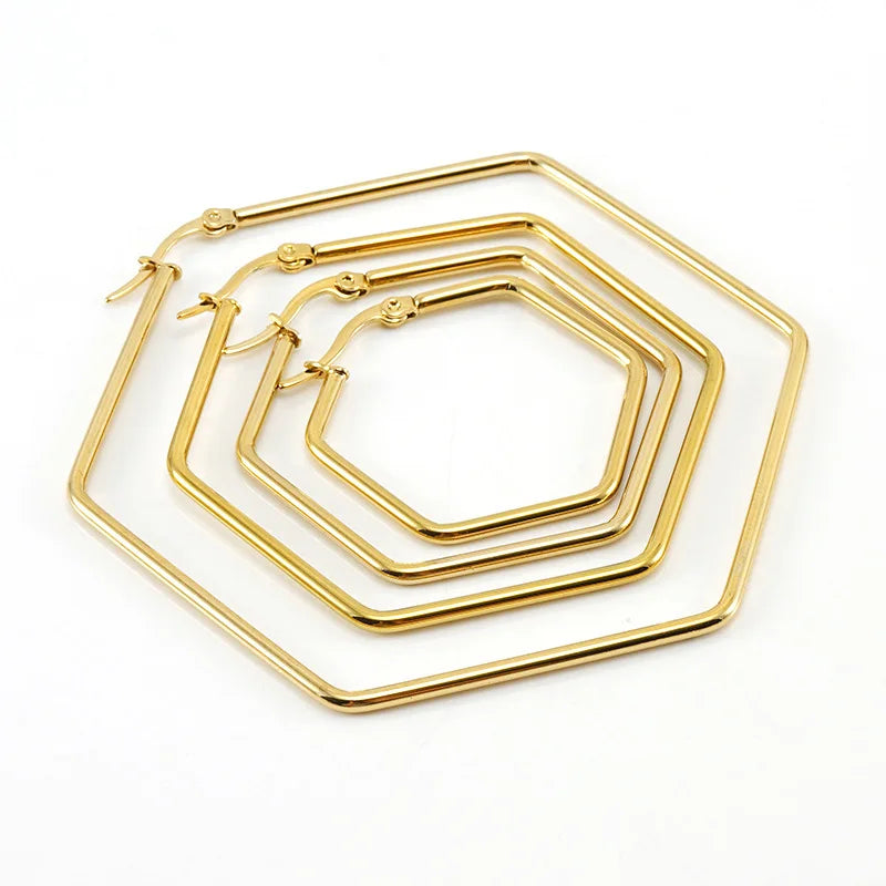 Big Hexagon Hoop Earrings for Women Stainless Steel Jewelry Simple Fashion Gold Plated Large Geometry Huggie Hoop Earrings