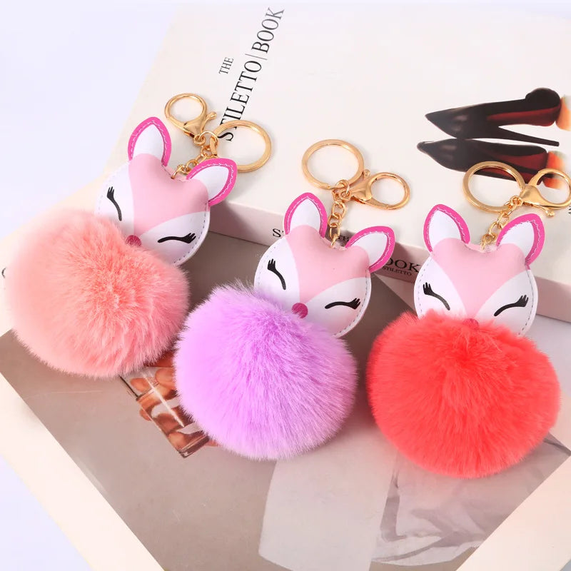 Cute Fox Key Chains Fashionable Rabbit Fur Pompom Key Ring  Leather Cartoon Animal Key Chain Bag Pendants Decoration