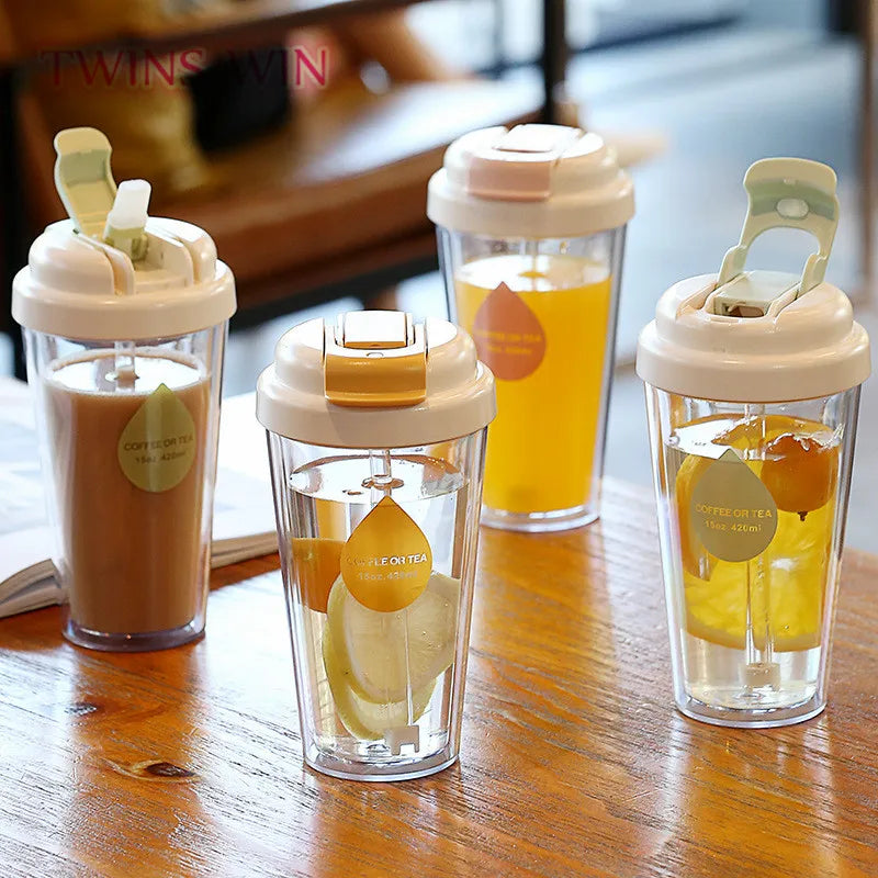 Portable Drinking Straw Student Flip-top Double-drink Coffee Cup Double Plastic CUP 1888