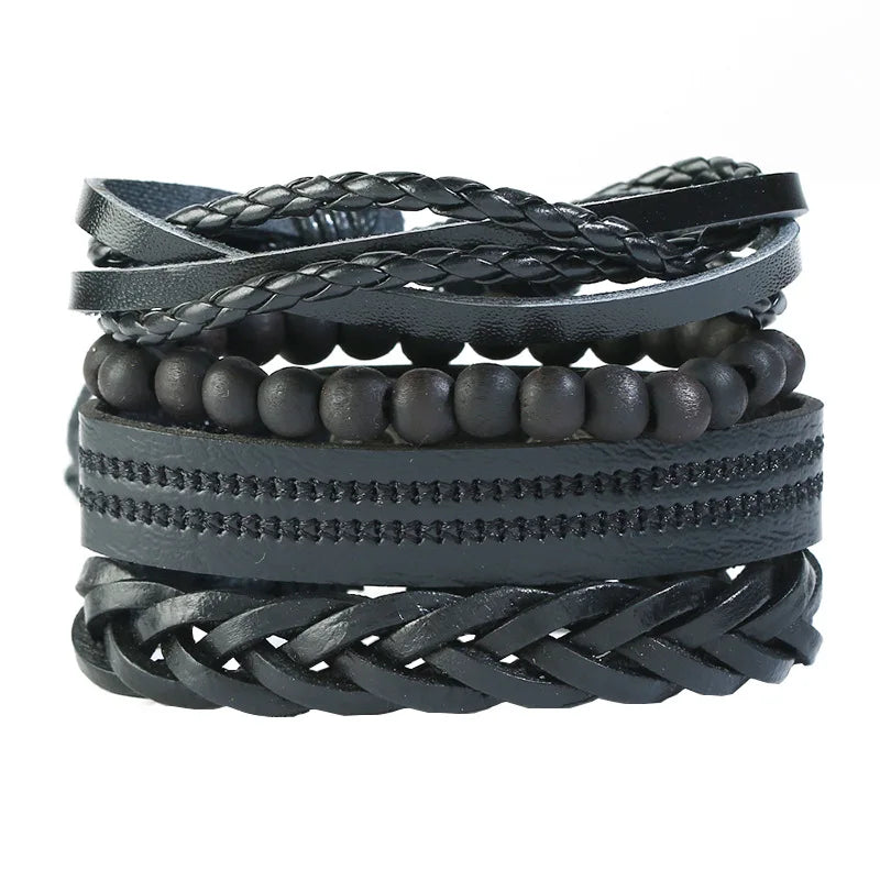 Punk Rock Style Vintage Braided Leather Bracelet for Men Women with Hemp Rope Wooden Beads Geometric Shape for Anniversaries