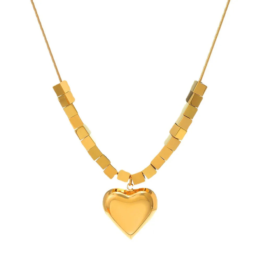 Tarnish-Free Stainless Steel Fashion Jewelry PVD Gold Plated Cube Beads Heart Pendant Necklace Classic Style for Anniversaries