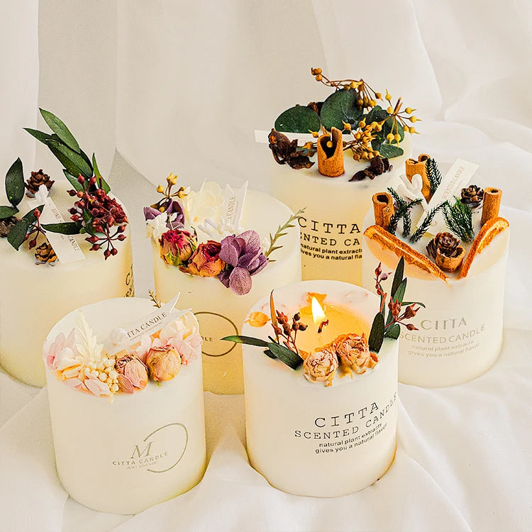 Aroma Scented Candles Jar Logo Clear Glass Oem with Rose Flowers Wholesale Luxurious Organic Vegan Pillar Candy Home Festival