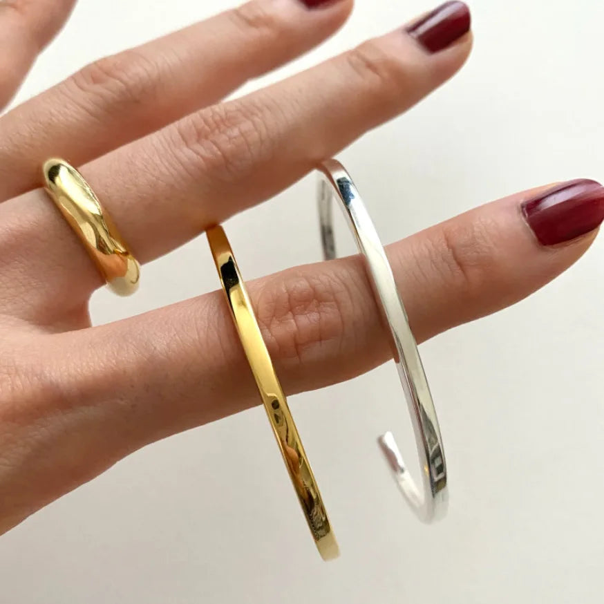 Fine Jewelry 925 Sterling Silver Matte 18k Gold 3mm Thin Band Cuff Bangle for Women
