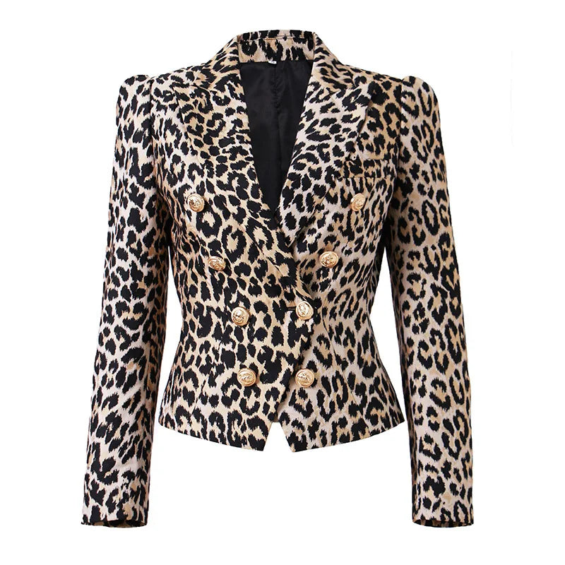 2025 European Vintage Style Lady Office Casual Leopard Coat Long Sleeve Double-breasted Women Slim Blazer