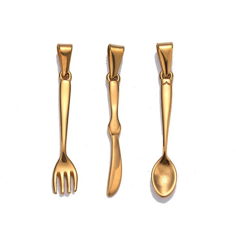 18k Gold Plated Fork Knife Spoon Pendant Cutlery Charm Necklace Stainless Steel Tableware Knife Pendant Jewelry Making