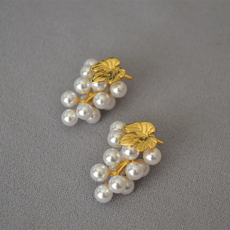Bulk Wholesale Teacher Geometric Grape Leaf Design Pearls Stud Earrings