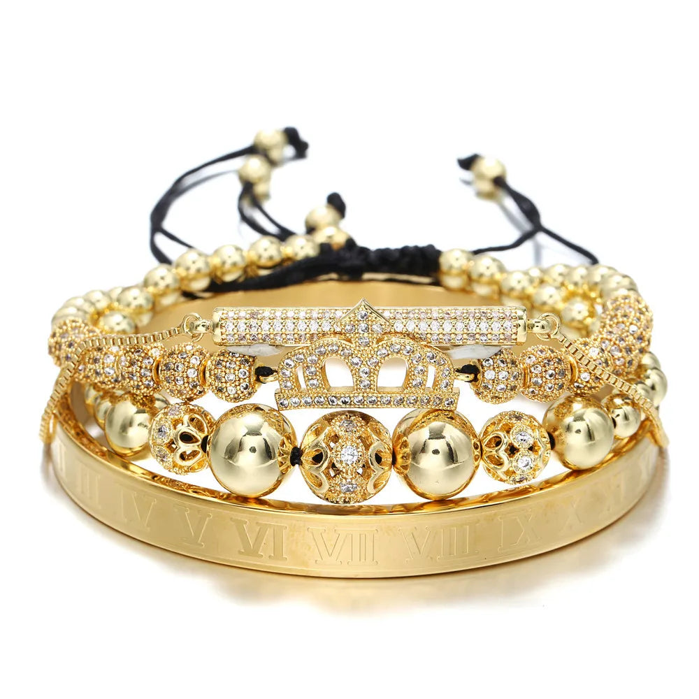 Hot Sale Men Woven Adjustable Roman Numeral Engraved 4pcs Gold Crown Bracelet Set
