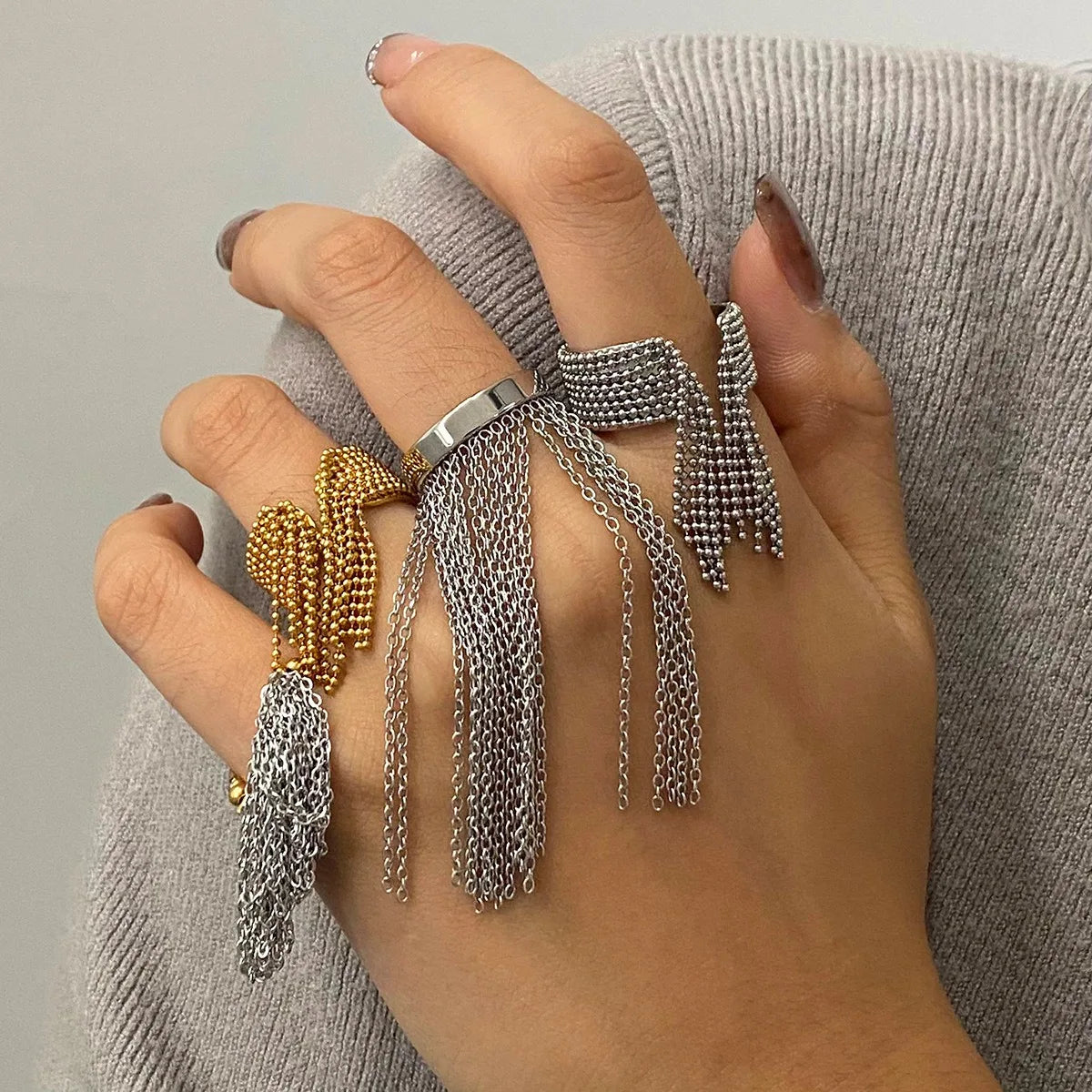 Trendy Wholesale for Daily Wear Personality Versatile 18K Gold Plated Fashion Jewelry Stainless Steel Tassel Fine Jewelry Rings