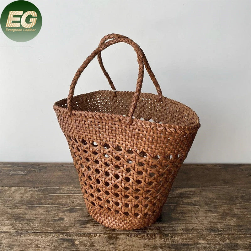 Emg6356 Durable Open Luxury Material Tote Shoulder Women Genuine Leather Woven Large Capacity Travel Bags Wholesale