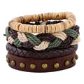 Handmade Coconut Shell Bead Adjustable Punk Wrap Genuine Leather Bracelet Set Jewelry for Men